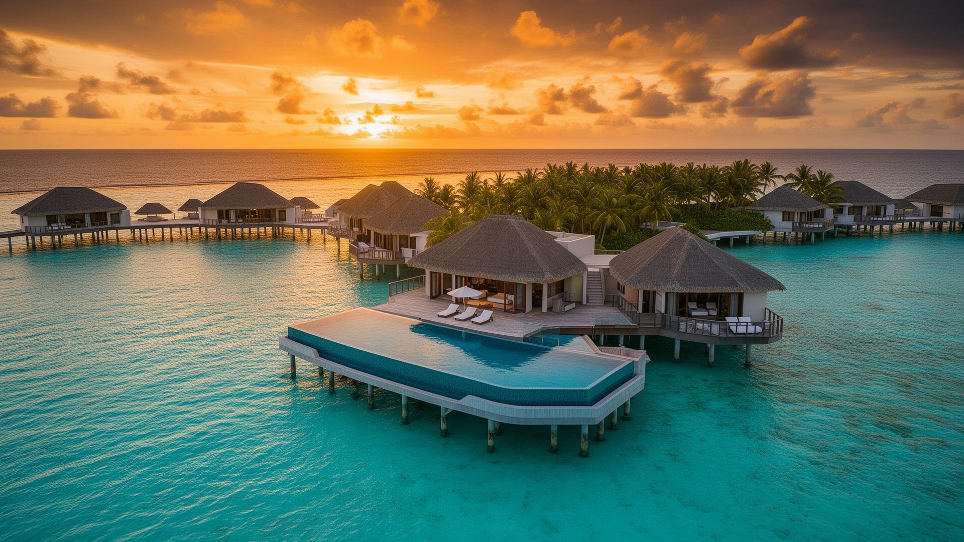 Luxury overwater villas at sunset